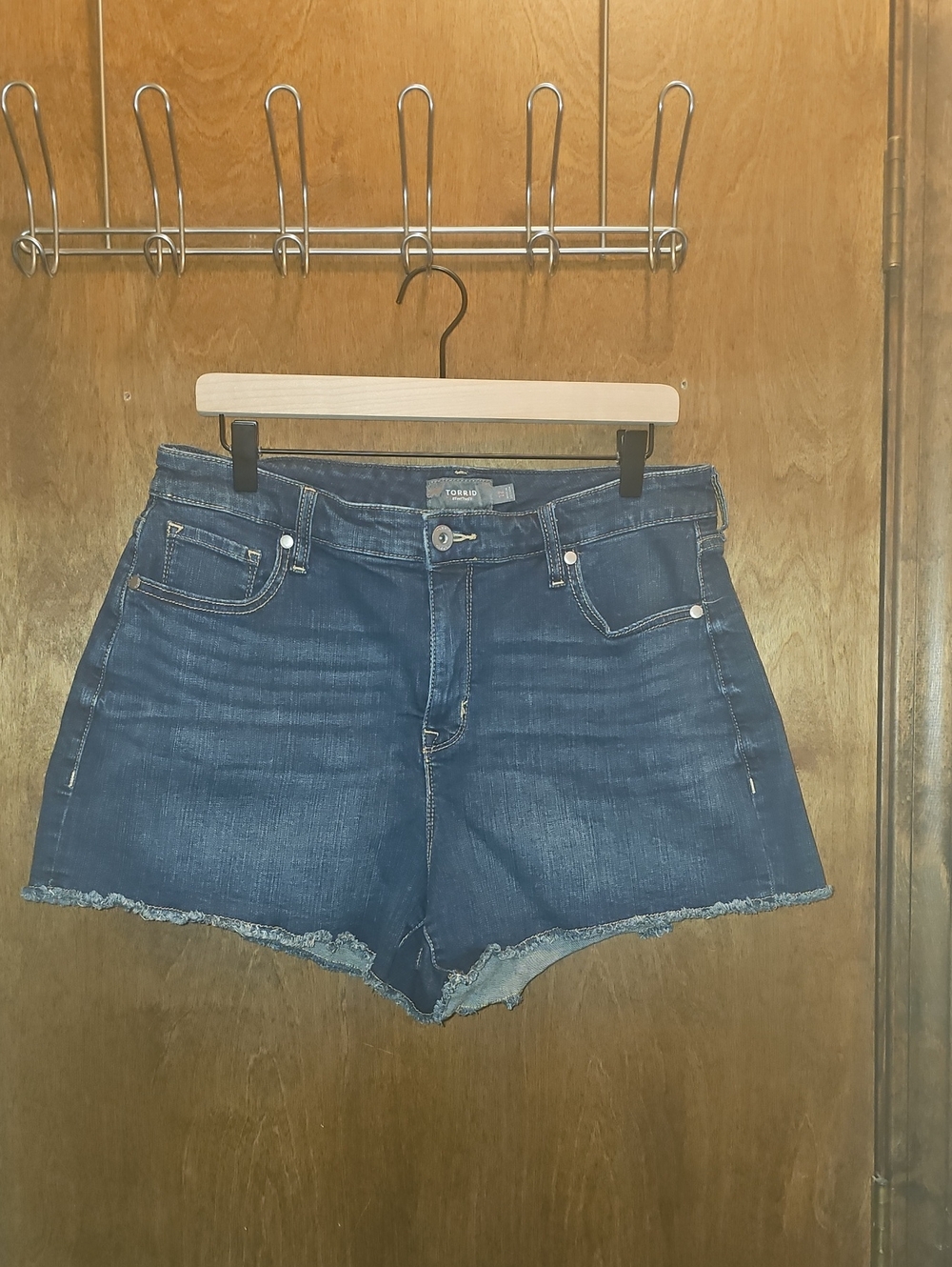 torrid Dark Blue High-Rise Denim Shorts with Frayed Hem